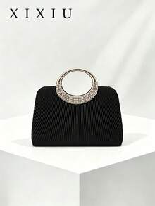 Women's Evening Clutch Bag, Ruched Solid Color Pattern, Satin Fabric, Rhinestone Metal Ring Handle, Elegant & Luxurious, Suitable For Wedding, Party, Banquet, Dance - Black - View 1