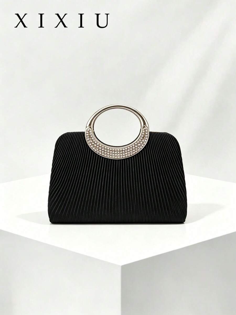 Women's Evening Clutch Bag, Ruched Solid Color Pattern, Satin Fabric, Rhinestone Metal Ring Handle, Elegant & Luxurious, Suitable For Wedding, Party, Banquet, Dance - Black - View 1