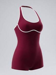 Never me Women's Sports Shorts Yoga Pilates Romper Round Neck Back Cutout Contrast Trim Ruched Waist Tight Fit - Burgundy - View 6