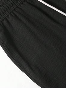 1件裝男士黑色仿亞麻抽繩直筒長褲，仿亞麻面料，柔軟舒適，休閒度假與日常通勤，老錢風 - 黑色 - 查看 6