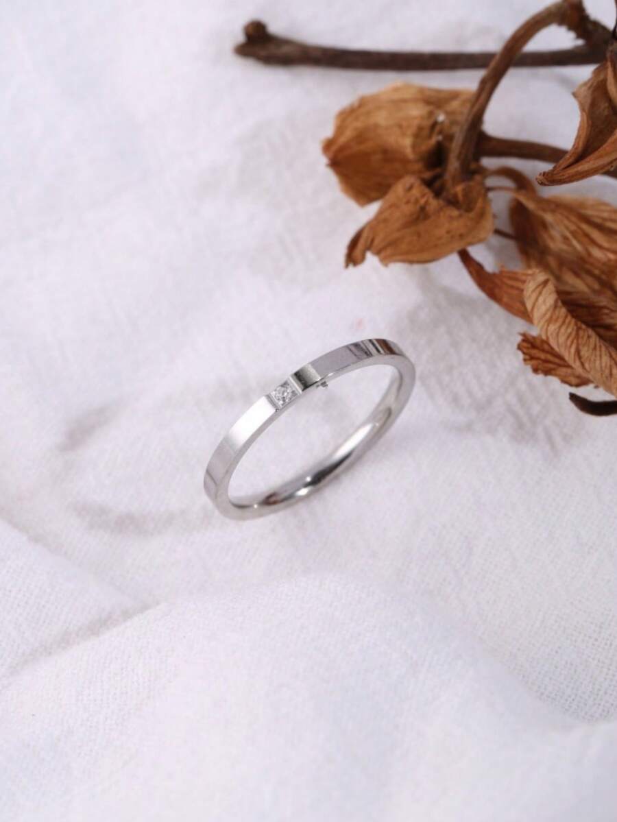 1pc Stainless Steel Thin Single Rhinestone Plain Band Ring, Women's Daily Commute Gentle Elegant Hand Accessory - Single Small Rhinestone Plain Band Ring - View 1