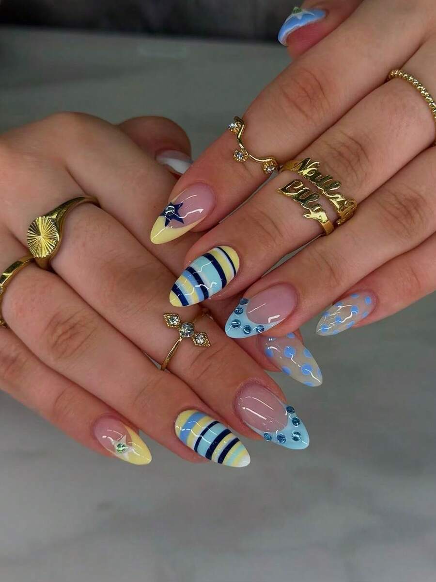 30pcs Long Almond Shape French Press-On Nails, Blue Nails With Stripes And Polka Dots, Star Pattern Design, Decorated With Rhinestones. Set Includes: 1pc Jelly Glue And 1pc Nail File. - Multicolor - View 1