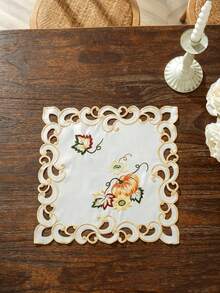 1PC 100% Polyester Fall Table Runner, Pumpkin Maple Leaf Sunflower Embroidered Cutwork Scalloped Edge Cream Linen Table Runner For Autumn Harvest Holiday Dining Table Home Decor - Multicolor - View 1