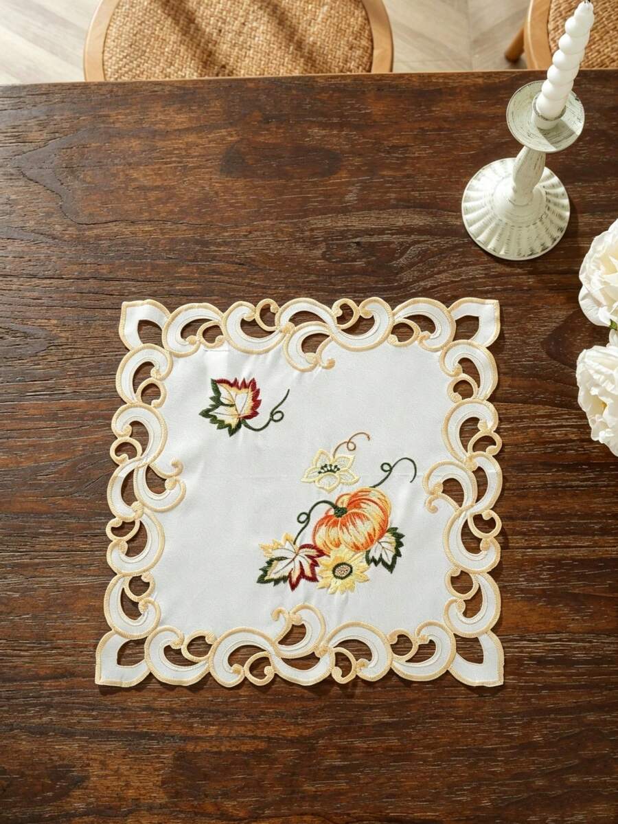 1PC 100% Polyester Fall Table Runner, Pumpkin Maple Leaf Sunflower Embroidered Cutwork Scalloped Edge Cream Linen Table Runner For Autumn Harvest Holiday Dining Table Home Decor - Multicolor - View 1
