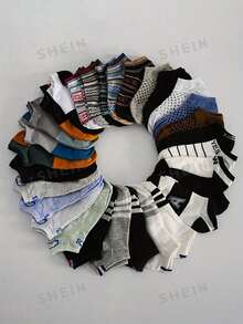 Random 10/20/30 Pairs Men's Assorted Printed Short Socks, 20 Pairs Random Combination Set, Daily Wear, Easy To Change, Multiple Colors Available - Multicolor - View 1