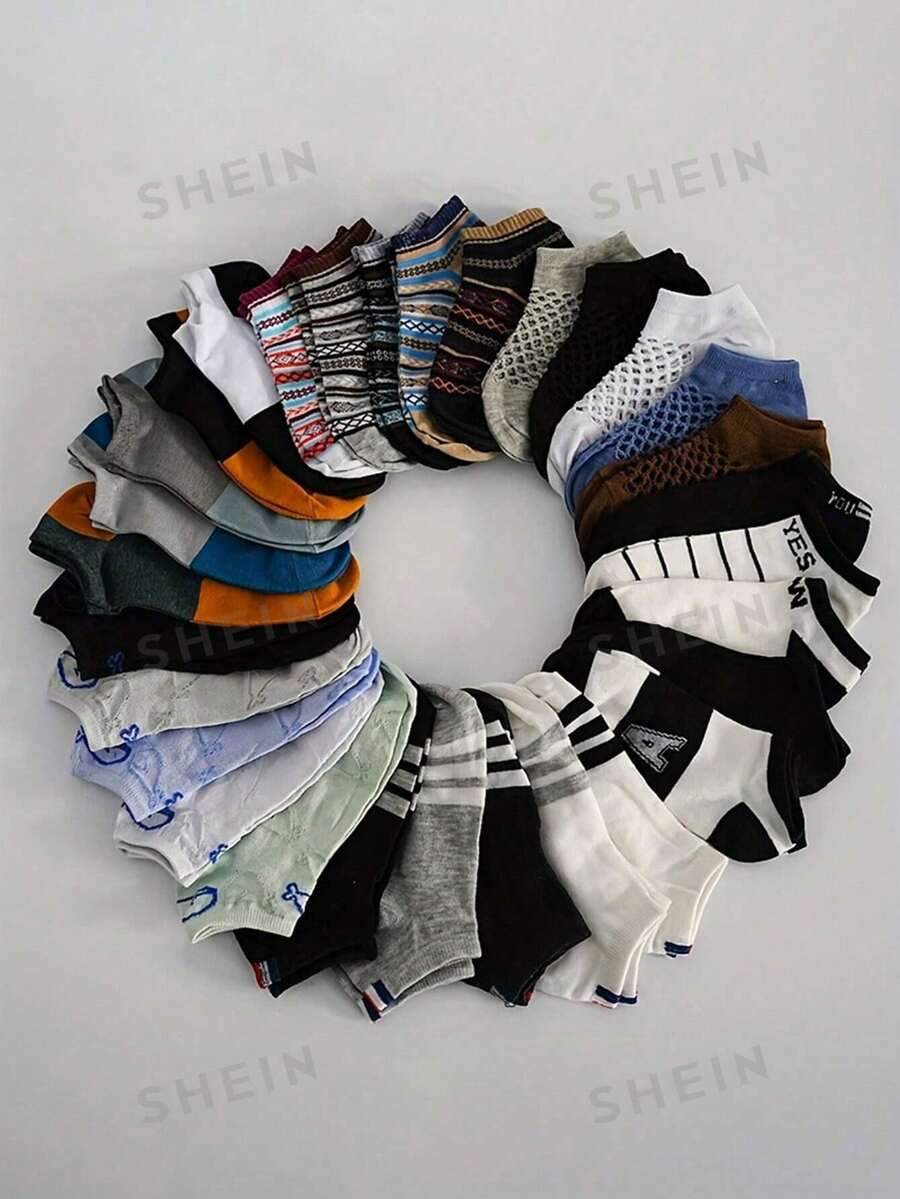 Random 10/20/30 Pairs Men's Assorted Printed Short Socks, 20 Pairs Random Combination Set, Daily Wear, Easy To Change, Multiple Colors Available - Multicolor - View 1