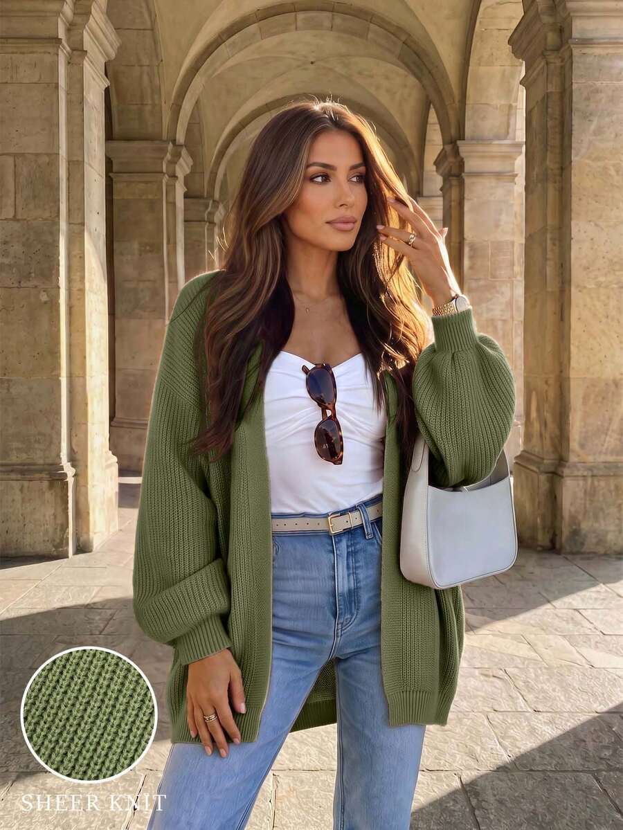 1pc Women's Solid Color Casual Loose Long Sleeve Lantern Sleeve Knit Cardigan, Lightweight Autumn Long Sleeve Top Fall