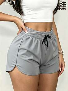 mulinsen 女款運動短褲，開口褲腳設計，彈性腰部設計，夏季運動休閒 3/4 長度短褲 - 灰色 - 查看 2