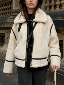 Women's Beige Premium Design Zippered Plush Coat LQ Winter Coats - Beige - View 4