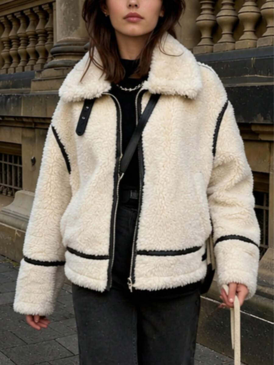 Women's Beige Premium Design Zippered Plush Coat LQ Winter Coats - Beige - View 1