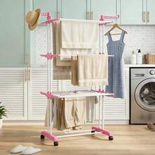 Shoze Foldable 3‑Tier Stainless Steel Laundry Drying Stand, Mobile Clothes Rack With Side Wings And Built‑In Wheels - Pink - View 4