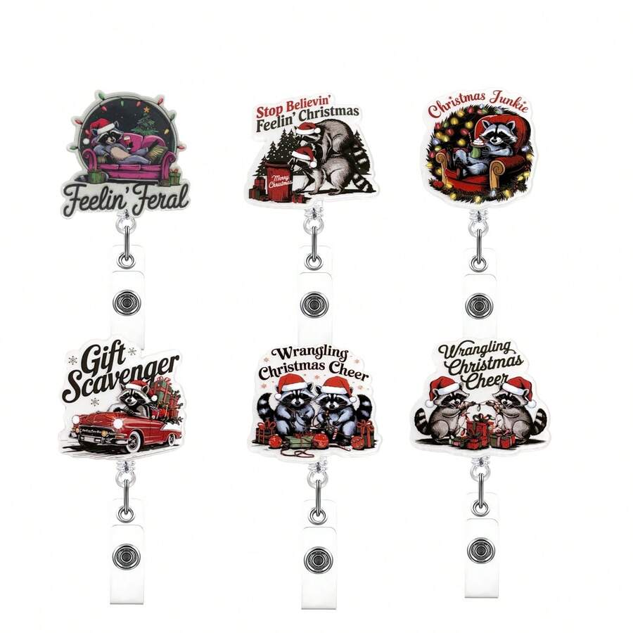 TONAVIETO 1pc Christmas Crazy Fun Raccoon Badge Reel Acrylic Retractable Badge Holder Clip With Swivel Alligator Clip For Nursing Students, Office, And School Staff - Christmas Raccoon - View 1