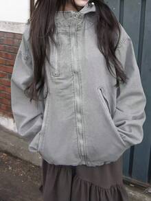 Women's Dropped Shoulder Long Sleeve Casual Multi-Zipper Loose Hooded Jacket - Grey - View 4