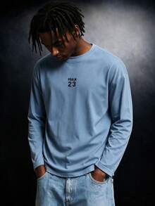 SU ER 1pc Men's Autumn Casual Daily Letter Print Long Sleeve T-Shirt | Fashionable & | Show Your Style - Dusty Blue - View 2