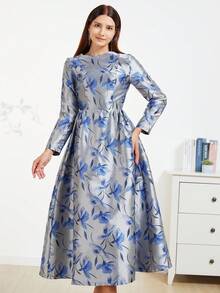 DEVCHATA Elegant Heavy Embroidery Jacquard Long Sleeve Dress For Party And Formal Evening Events - Dusty Blue - View 5