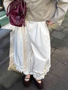 Women's Loose Wide Leg Pants, Long Woven Fabric Trousers, Button Closure, With Pockets, Suitable For Casual Autumn Wear. - Off White - View 1