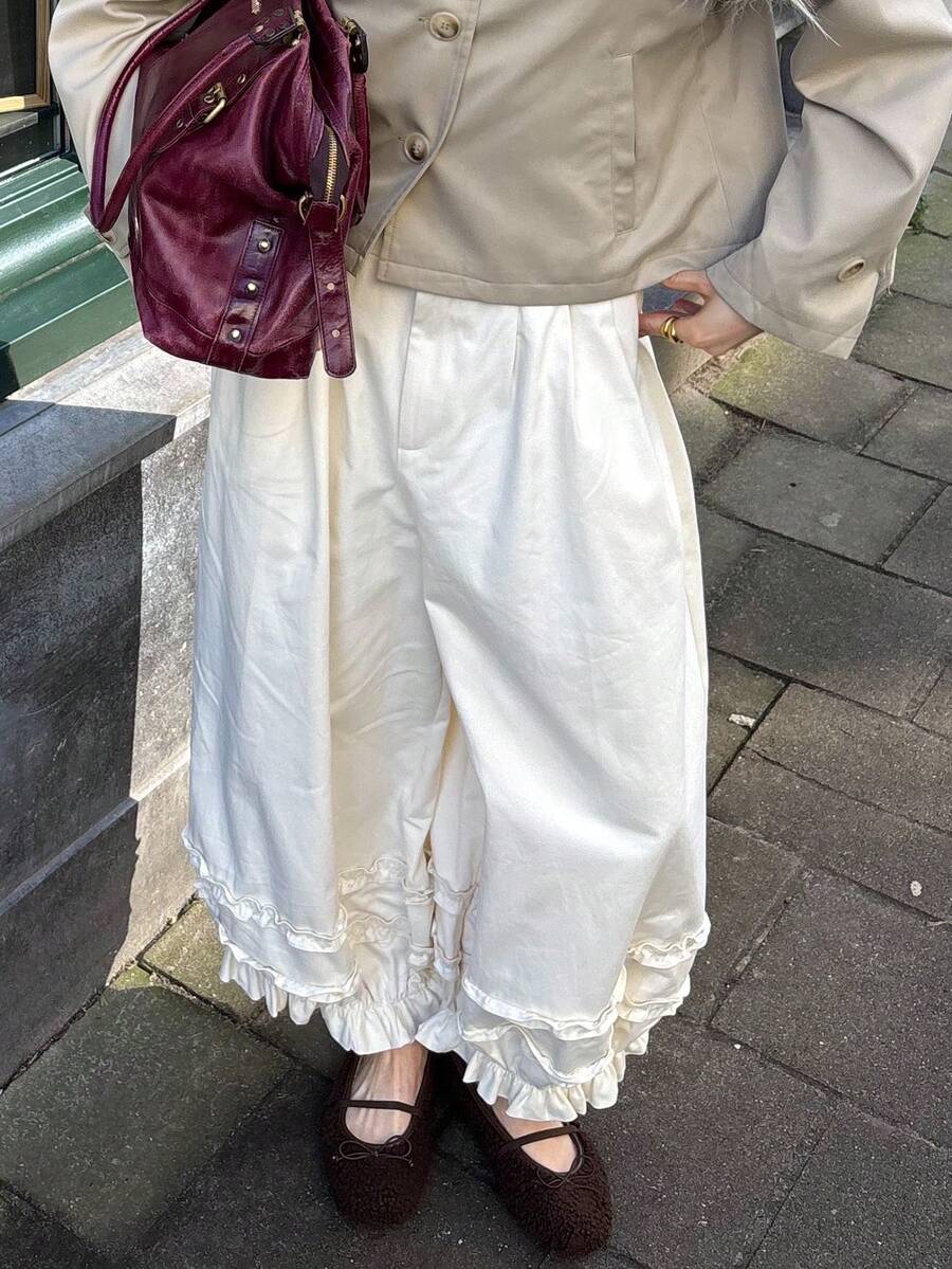 Women's Loose Wide Leg Pants, Long Woven Fabric Trousers, Button Closure, With Pockets, Suitable For Casual Autumn Wear. - Off White - View 1