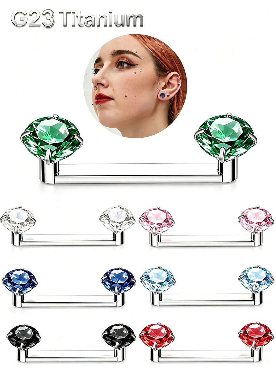 Perhiasan Tindik Tragus Permukaan Titanium 14G 14mm Prong CZ Bunga Staple Barbell Berulir Internal Perhiasan Tindik Batang Staple Tragus Permukaan - MultiWarna - View 1