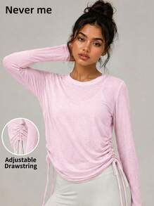 Never me Women's Sports Top With Drawstring Sides, Loose And Comfortable, Daily Running, Workout, Pilates, Yoga, Long Sleeve T-Shirt, Solid Color, Semi-Sheer - Pink - View 1