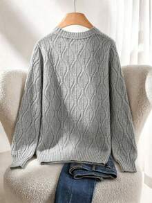 Plus Size Women's Autumn/Winter Loose Cable Knit Cardigan, Pearl Button Round Neck Slimming Long Sleeve Soft Warm Casual Knit Jacket - Grey - View 2