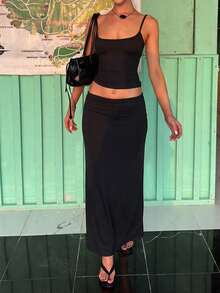 GLAMSKIN Women's Fall Black 2 Pieces Outfits,Cami Crop Top & Mermaid Maxi Skirt Set, Slim Fit Ruched Glam Fall Fashion Outfit - Black - View 7