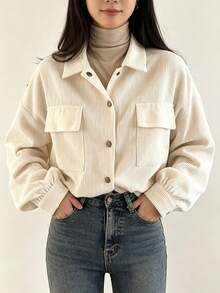 YUXIN Women's Cream Corduroy Shacket Cropped Collared Button Up Chest Pockets Oversized Long Sleeve Retro Casual Jacket For Fall Winter Layering - Apricot - View 4
