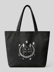 1Pc Skull All‑Over Print Corduroy Large Capacity Open Top Tote Bag, Holds Books Daily Essentials For Student School Shopping Daily Travel - Multicolor - View 11