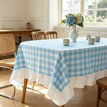 1pc Blue & White Plaid Round Tablecloth, Country Style Ruffled Decorative Square Tablecloth, Wrinkle-Resistant Decorative Table Cover, Suitable For Dining Table, Picnic, Party And Home Kitchen Decor - Blue and White - View 1
