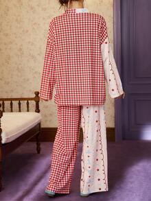 Gongdie 2 Pieces Disney Mickey Women's Pajama Set,Spring Fall Red Gingham Soft Cotton Loungewear With Pocket - Red - View 6