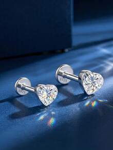 1pc 925 Sterling Silver Heart-Shaped Moissanite Threaded Flat Back Piercing Stud Earring, Suitable For Cartilage, Helix, Tragus Piercing, Valentine's Day Wedding Stackable Jewelry - Silver - View 4
