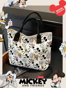 Miniso Disney Mickey And Friends Canvas Tote Bag With All-Over Cartoon Character Print Shoulder Bag With Handles For Daily Use - Black - View 3