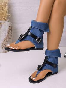 Vintage High-Top Thong Sandals With Adjustable Buckle Flat Sole Summer Women's Sandals, Suitable For Outdoor Vacation - Blue - View 5