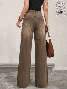 Women's Khaki Washed Wide Leg Jeans, Vintage Distressed Brown Tone Loose Drape Versatile Commute Casual Long Pants - Khaki - View 2