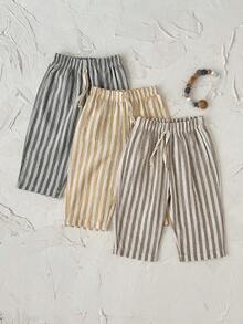3Pcs/Set Baby Toddler Khaki White Vertical Striped Elastic Waist Drawstring Wide Leg Pants Summer Breathable Casual Children Long Pants - Multicolor - View 2