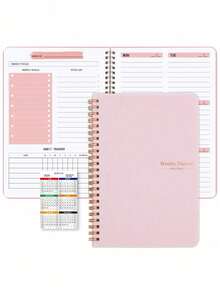 1PC Pink Undated Weekly Planner Notebook, Double-Sided Smooth Thick Writing Paper, Reduces Ink Bleeding, Prevents Ink Seeping Through To The Back; Sturdy Metal Spiral Binding, Smooth Page-Turning, Long-Term Use Without Loose Pages; Suitable For Home Desk Exam Preparation, Weekly Goal Setting, Learning Progress Tracking, Home Desk Weekly Study Planning, Home Office Desk Personal Goal Tracking And Organization, Perfect For Back To School, Halloween, Thanksgiving, Christmas, New Year - Pink - View 1