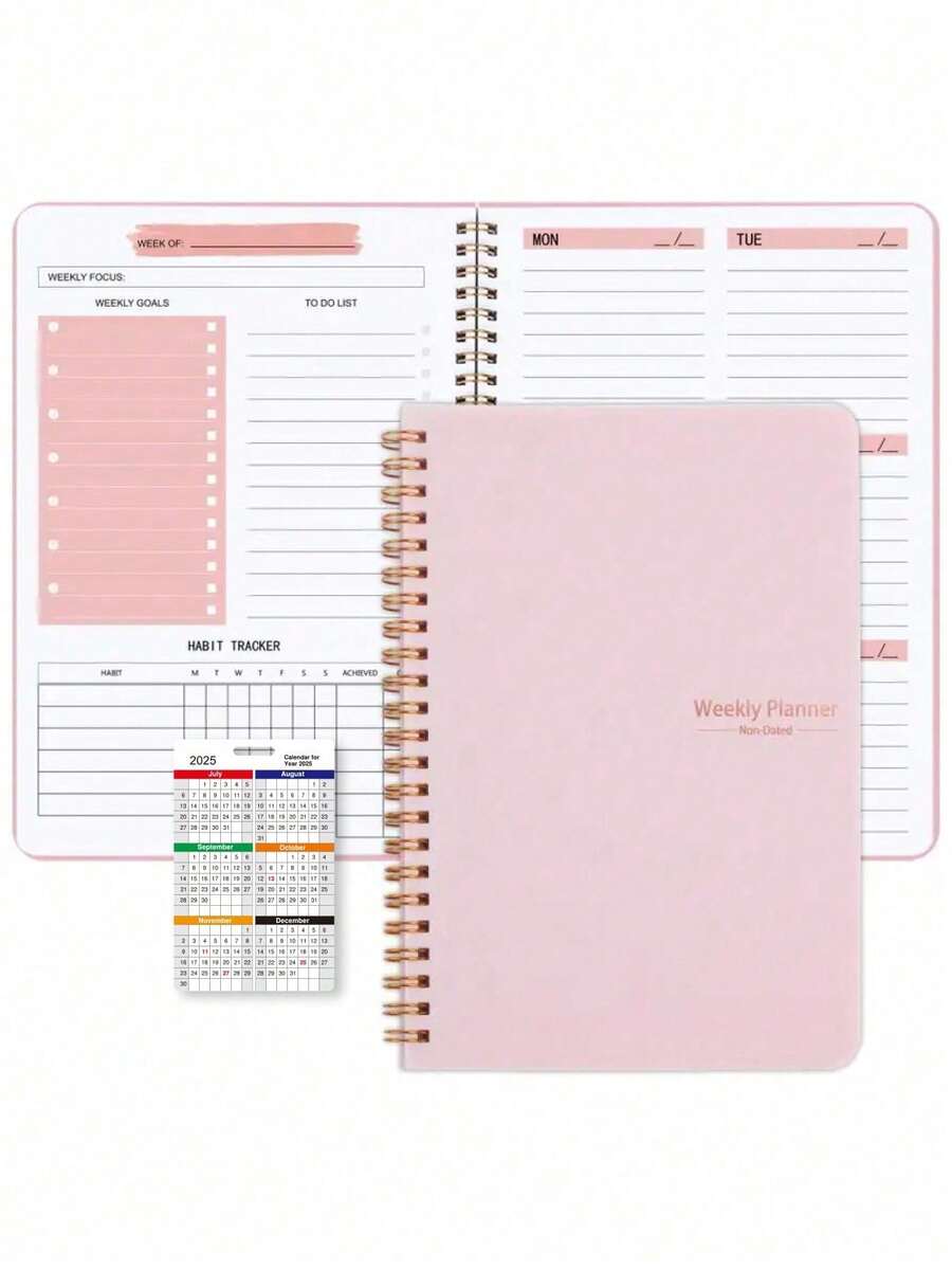 1PC Pink Undated Weekly Planner Notebook, Double-Sided Smooth Thick Writing Paper, Reduces Ink Bleeding, Prevents Ink Seeping Through To The Back; Sturdy Metal Spiral Binding, Smooth Page-Turning, Long-Term Use Without Loose Pages; Suitable For Home Desk Exam Preparation, Weekly Goal Setting, Learning Progress Tracking, Home Desk Weekly Study Planning, Home Office Desk Personal Goal Tracking And Organization, Perfect For Back To School, Halloween, Thanksgiving, Christmas, New Year - Pink - View 1