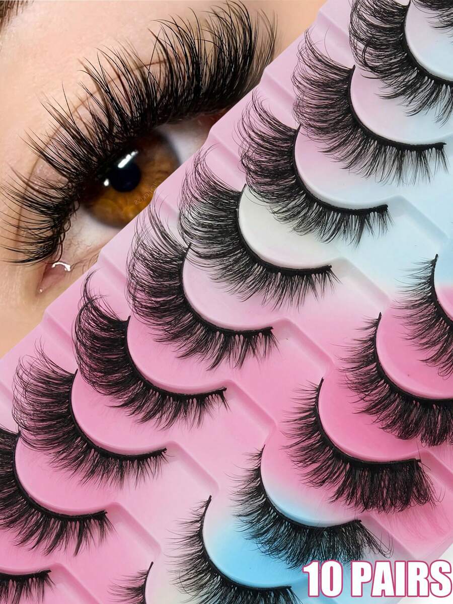 10 Pairs Of Natural Fluffy False Eyelashes, Imitation Mink Cat Eye False Eyelashes, Natural Fluffy Curly Thick False Eyelashes, Essential For Makeup Travel, Easy To Wear, Suitable For Beginners, Suitable For All Places, Eyelashes, False Eyelashes - Black - View 1