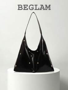 Fashion Solid Color PU Crescent Shaped Shoulder Bag, Rivet Embellished, Suitable For Women Shopping, Dating, Gift And Daily Use - Black - View 1