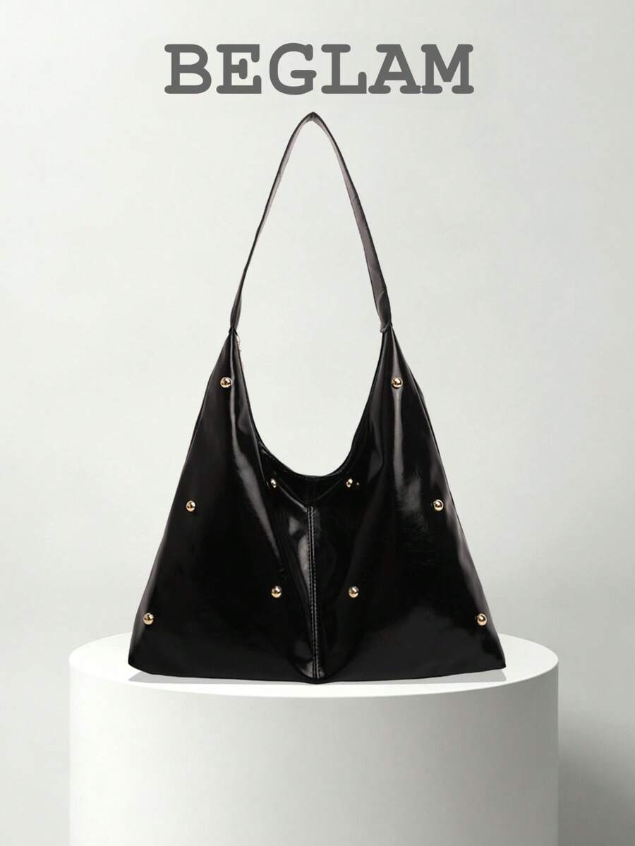 Fashion Solid Color PU Crescent Shaped Shoulder Bag, Rivet Embellished, Suitable For Women Shopping, Dating, Gift And Daily Use - Black - View 1