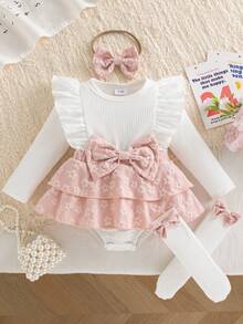 Autumn/Winter Baby Girl Cute White Flutter Sleeve Patchwork Pink Double Layer Ruffle Romper & Bow Socks & Bow Headband Holiday Gift Stylish Outfit - White - View 1
