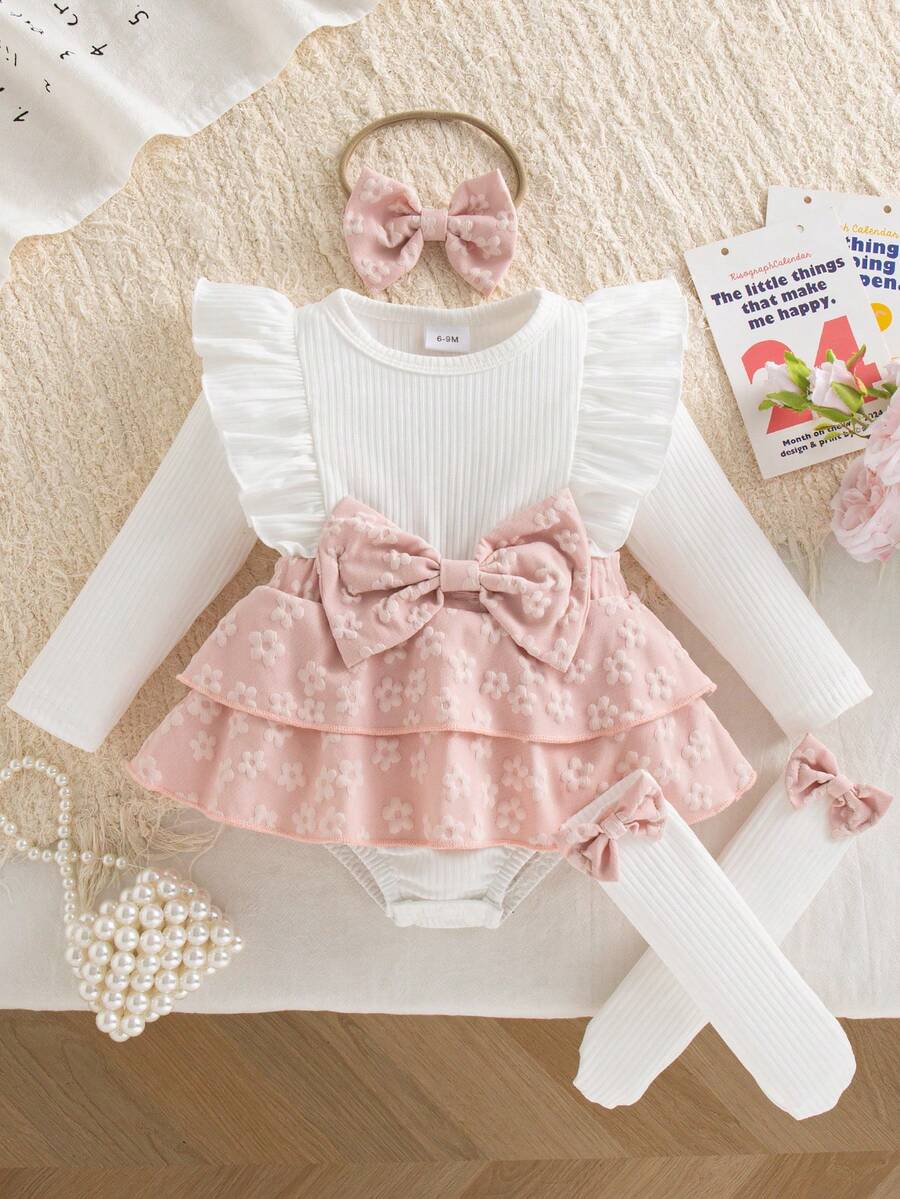 Autumn/Winter Baby Girl Cute White Flutter Sleeve Patchwork Pink Double Layer Ruffle Romper & Bow Socks & Bow Headband Holiday Gift Stylish Outfit - White - View 1