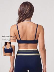 Women's 2 In 1 Contrast Stripe Halter Neck Double Strap V-Neck Padded Yoga Sports Bra, Backless Fitness Workout Bra - Blue - View 1