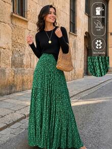 Rok Panjang Gaya Bohemian Wanita EARO, Motif Geometris Hijau, Pinggang Elastis, Kain Tidak Melar, Cocok untuk Pakaian Sehari-hari dan Liburan - Hijau - View 1