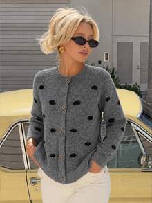 Women's Round Neck Polka Dot Knit Cardigan, Comfortable Button Sweater, Suitable For Autumn/Winter Thanksgiving, Halloween, Christmas Outfits - Grey - View 6