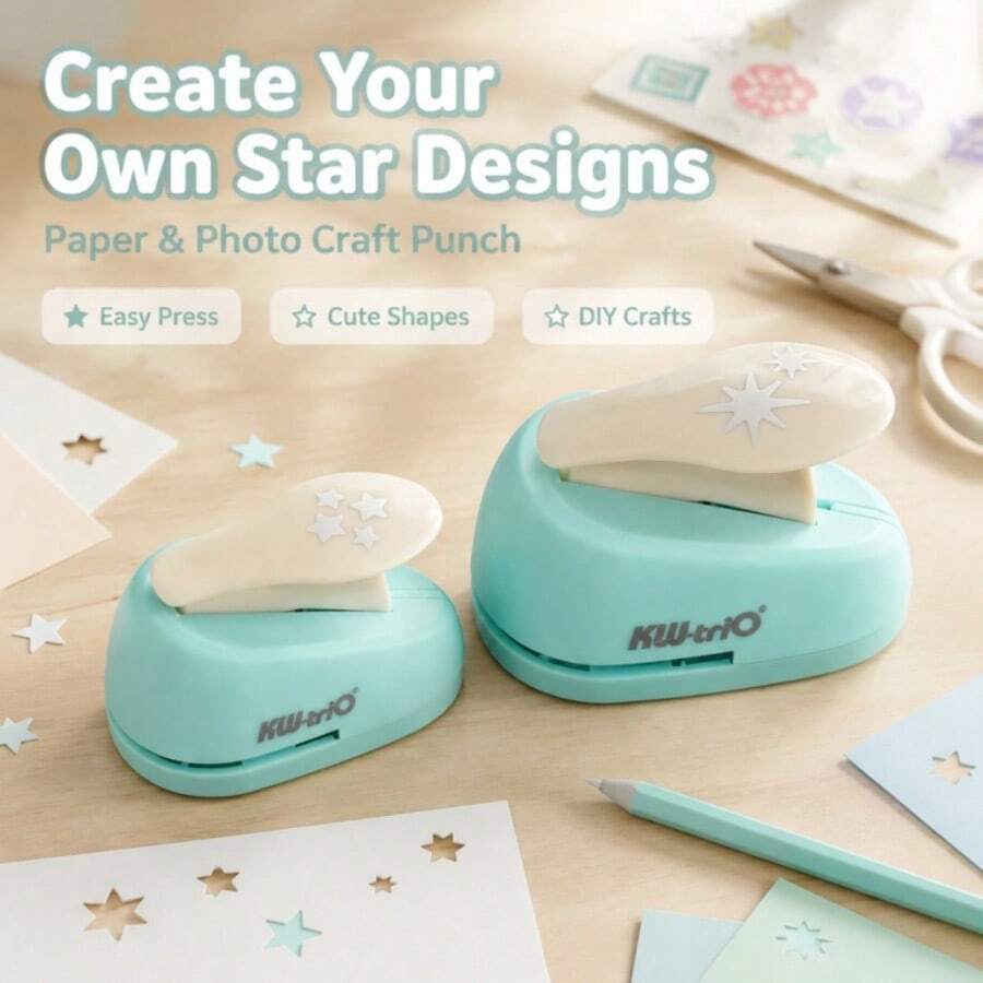 1pc Star-Shaped Embosser, Paper/Photo Stationery Puncher, 2 Different Sizes Star-Shaped Manual Hole Punch - Blue - View 1