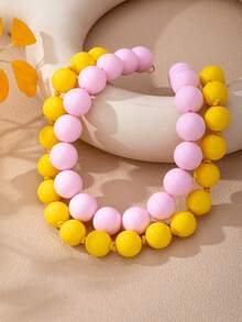 OABE 2pcs/Set Bohemian Style Dopamine Pink And Yellow Contrast Design Women's Layered Necklace Set, Suitable For Daily Wear, Holiday/Birthday Surprise Gift - Multicolor - View 6
