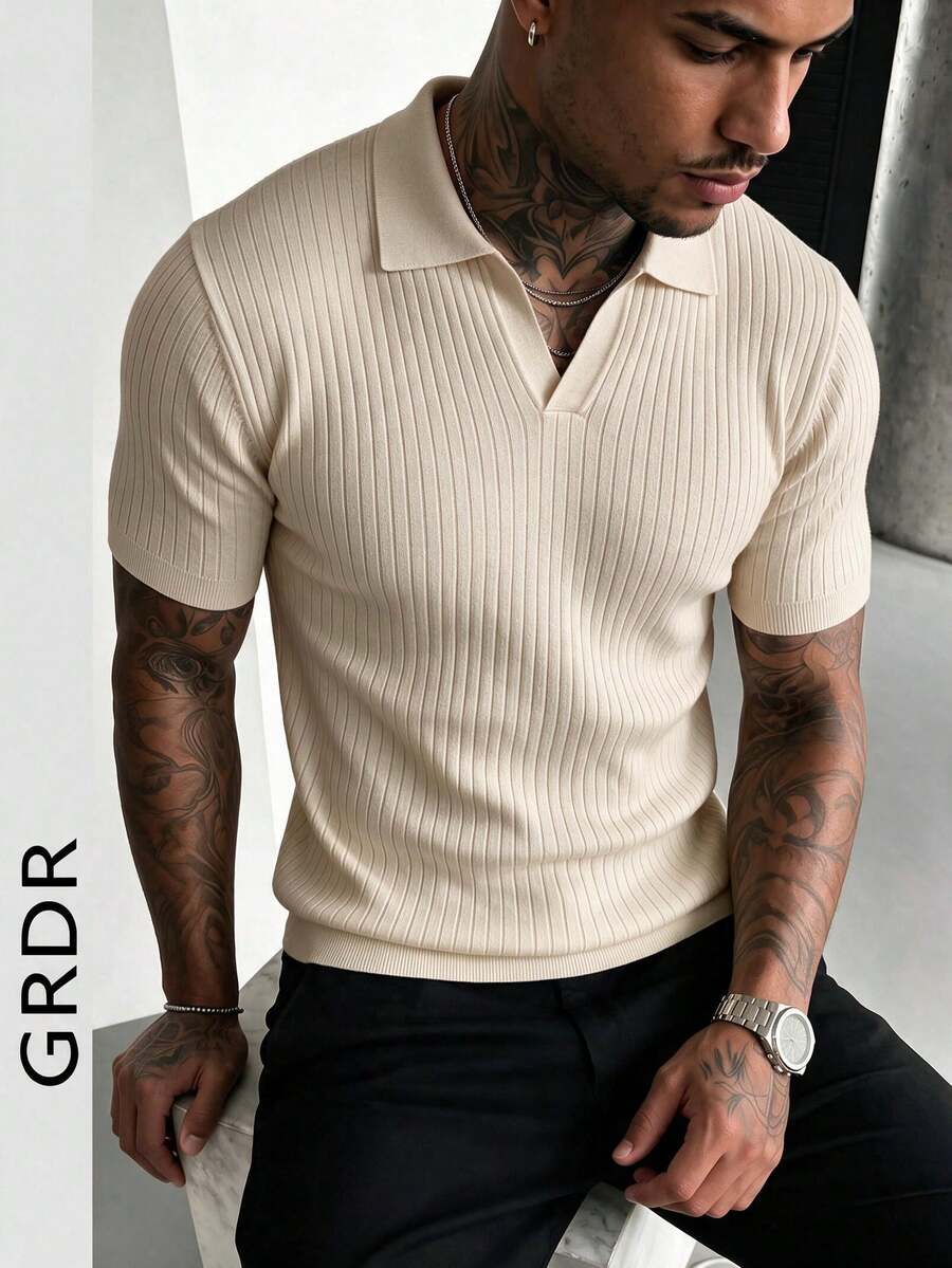 GRDR Men's Summer Knit Polo Shirt, Solid Color Short Sleeve Knitted, Suitable For Summer Outings, Essential For Fashionable Outfit