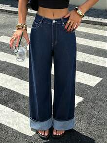 Women's Casual Wide Leg Cuffed Denim Jeans, Long Non-Stretch Vintage Style Pants, Fashion Loose Fit Jeans - Original Color Of Tannin - View 5