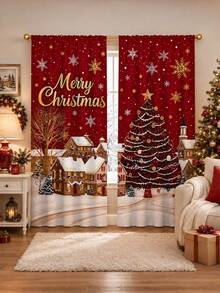 2Pcs Burgundy Christmas Town Snow Scene Gold Snowflake Christmas Tree Merry Christmas Print Pattern Curtains, Semi-Sheer Rod Pocket Holiday Window Decor, Suitable For Living Room And Bedroom, Rod Not Included - Scenery - View 2