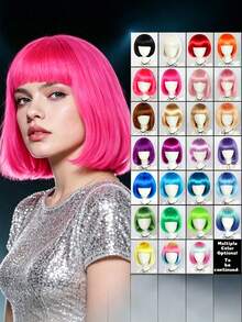 1pc Fashion Short Wig With Bangs, Multi-Color Anime Cosplay Wig, Short Straight Synthetic Bob Wig, Blonde Bob Wig With Bangs, Women's Short Blonde Wig, Suitable For Cosplay, Festivals, Anime Conventions, Celebrations, Fluorescent Multi-Color Cosplay - Multicolor - View 2